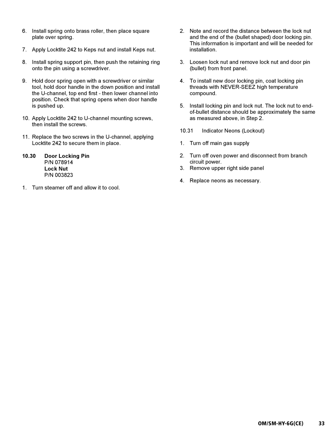 Unified Brands HY-6G(CE) service manual Door Locking Pin P/N Lock Nut P/N 