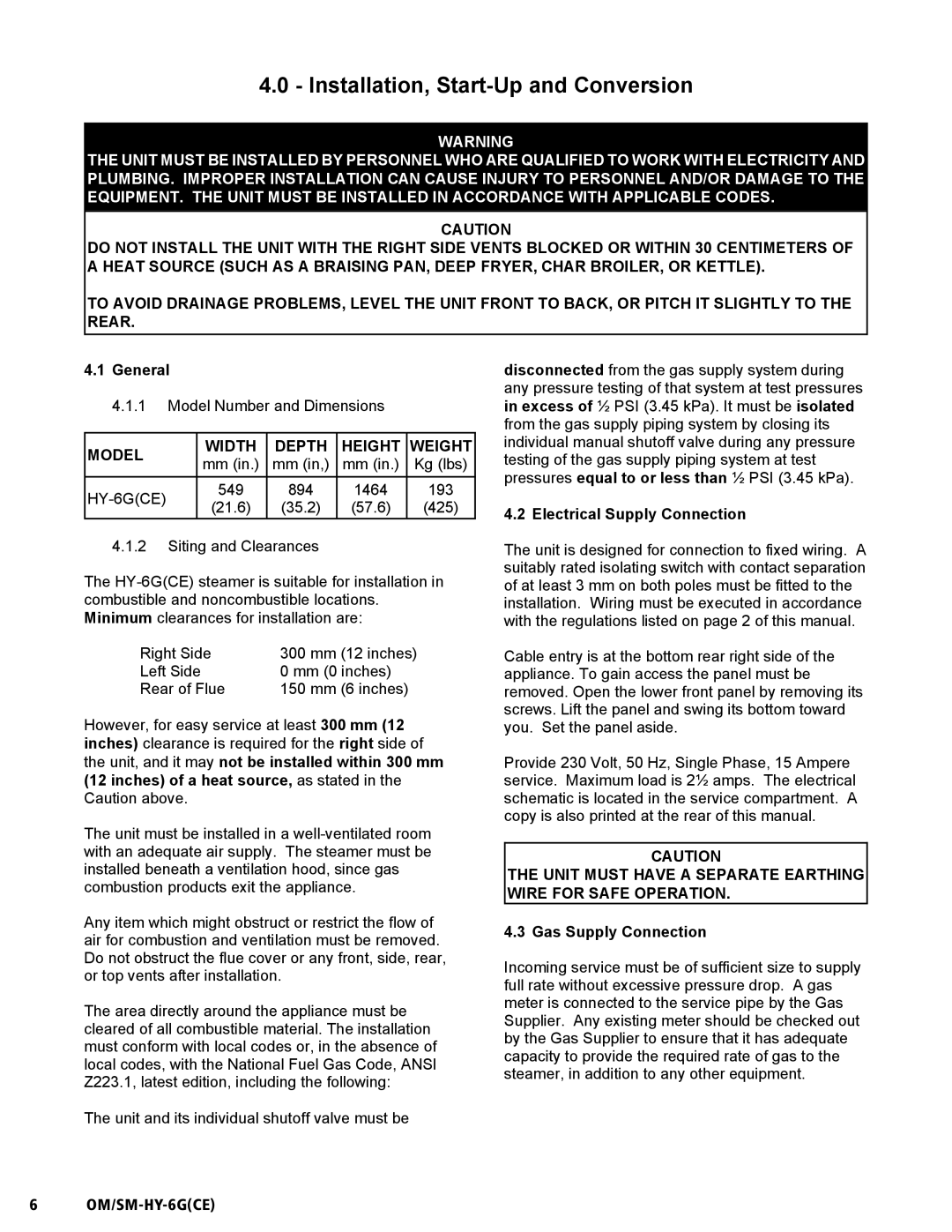 Unified Brands HY-6G(CE) service manual Installation, Start-Up and Conversion, General, Electrical Supply Connection 