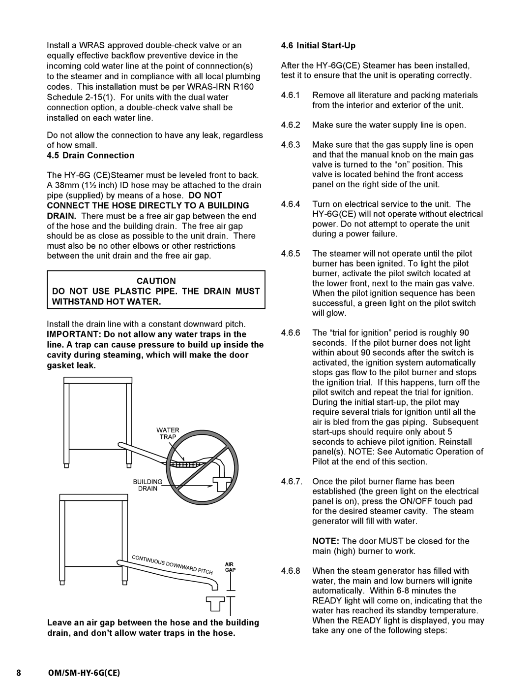 Unified Brands HY-6G(CE) service manual Drain Connection, Initial Start-Up 