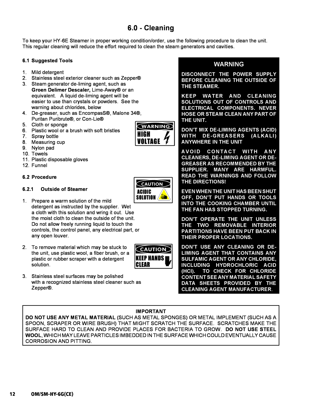 Unified Brands HY-6G(CE) service manual Cleaning, Suggested Tools, Procedure 6.2.1Outside of Steamer, 12 OM/SM-HY-6GCE 