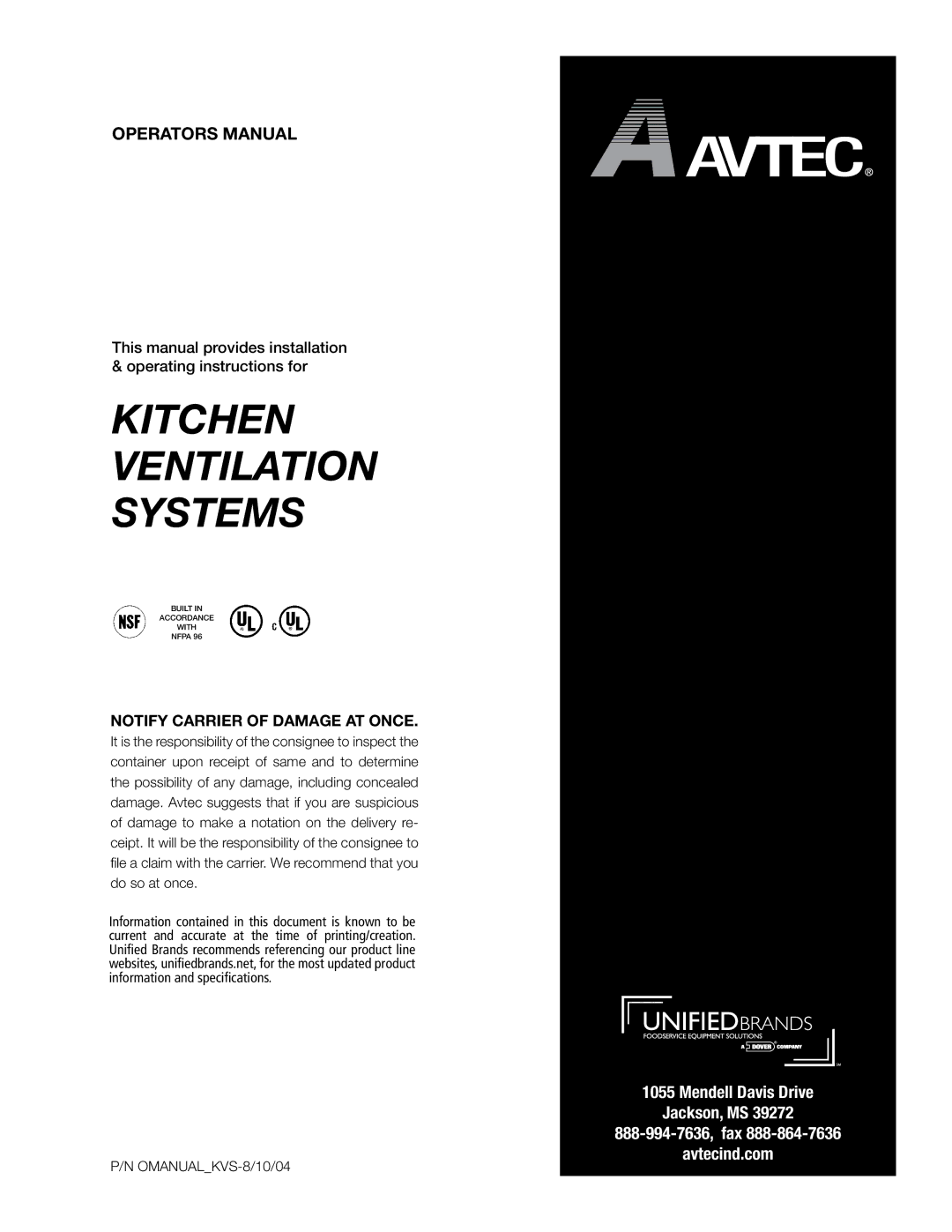 Unified Brands Kitchen Ventilation Systems operating instructions OMANUALKVS-8/10/04 