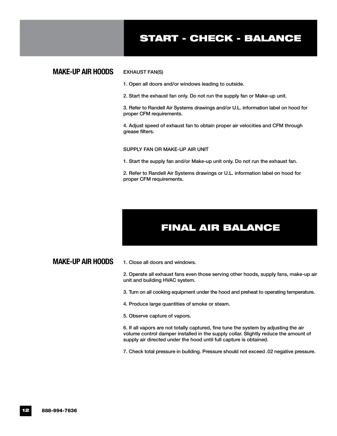 Unified Brands Kitchen Ventilation Systems operating instructions Final AIR Balance, Supply FAN or MAKE-UP AIR Unit 