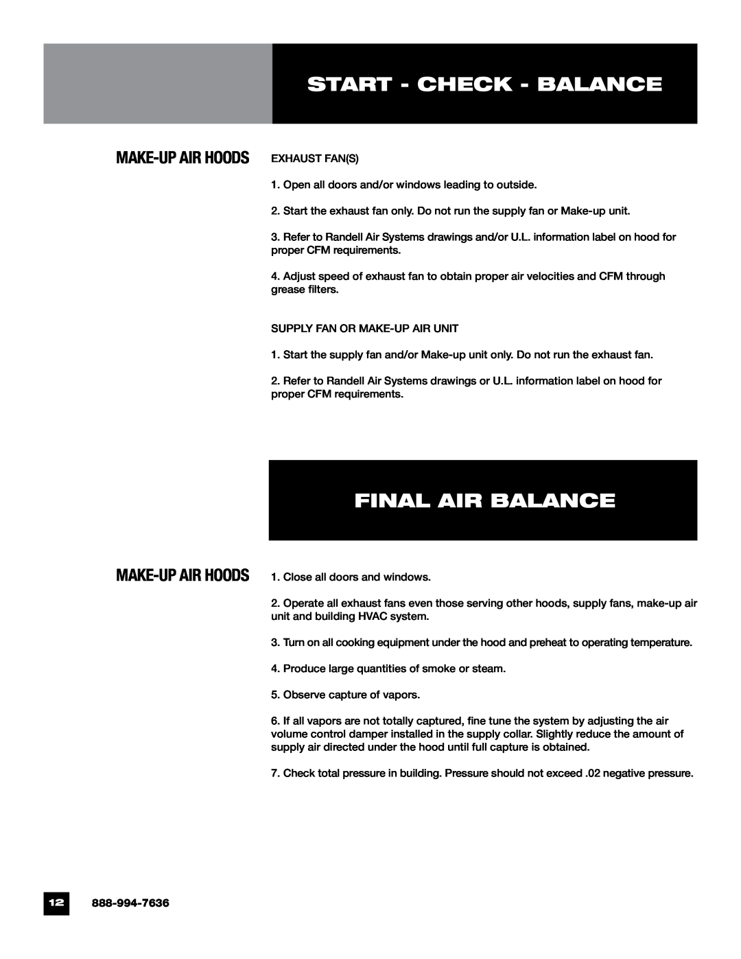Unified Brands Kitchen Ventilation Systems Final Air Balance, Make-Upair Hoods Exhaust Fans, Start - Check - Balance 