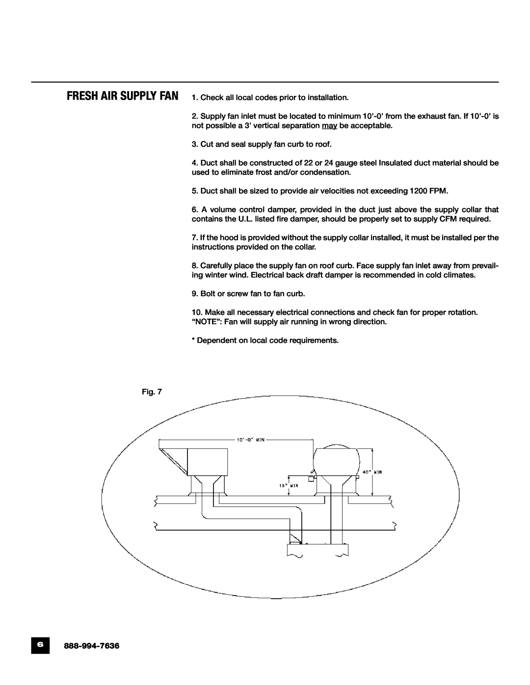 Unified Brands Kitchen Ventilation Systems operating instructions Cut and seal supply fan curb to roof 