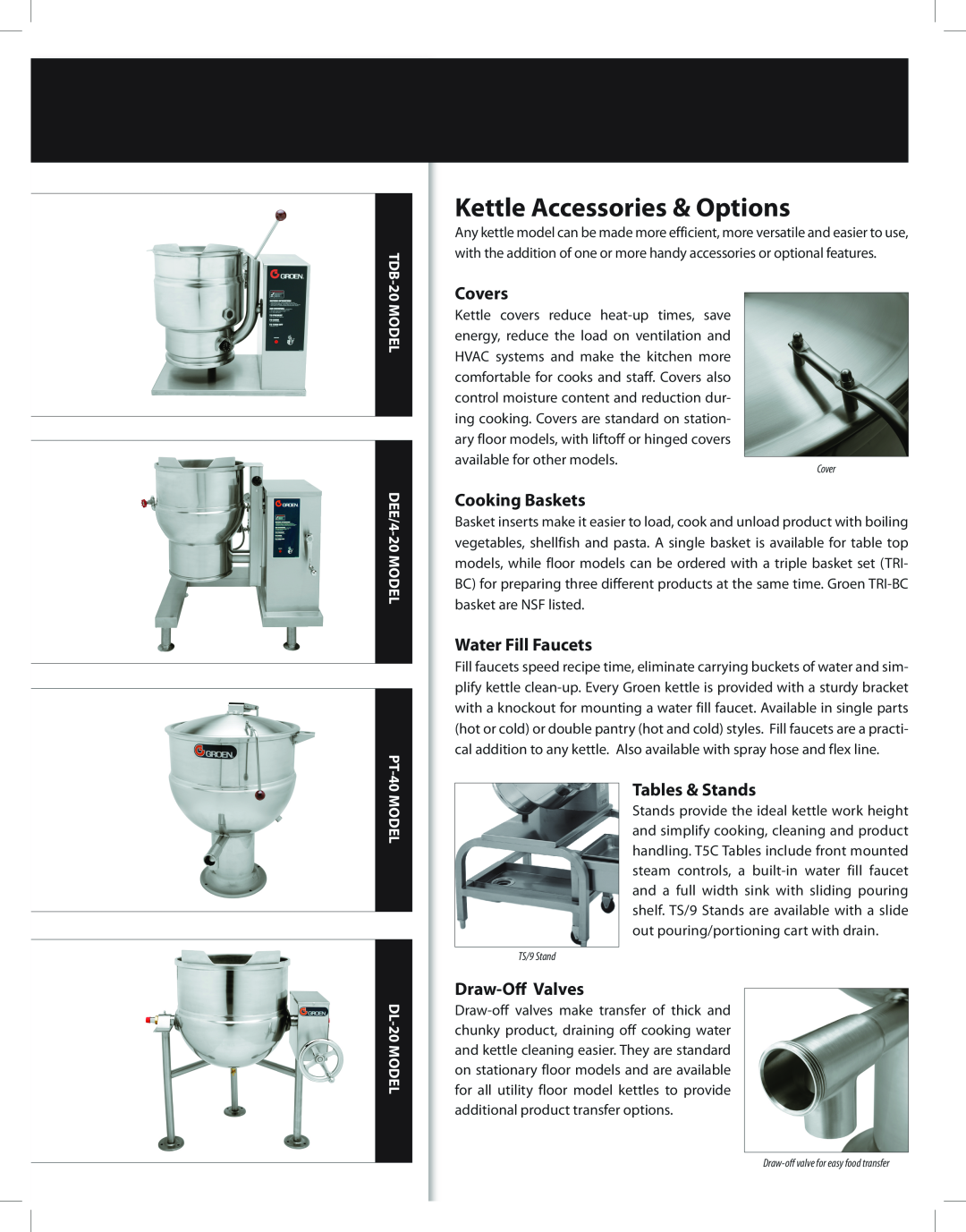 Unified Brands Steam Jacketed Kettles manual Kettle Accessories & Options, Covers, Cooking Baskets, Water Fill Faucets 