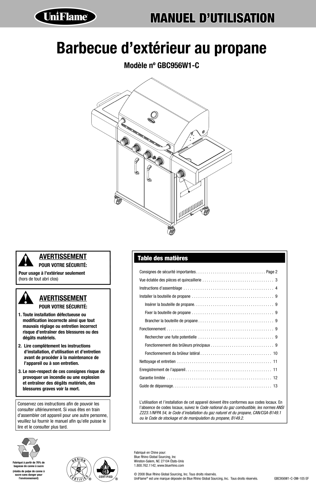 Uniflame GBC956W1-C manual Table des matières, Pour usage à l’extérieur seulement 