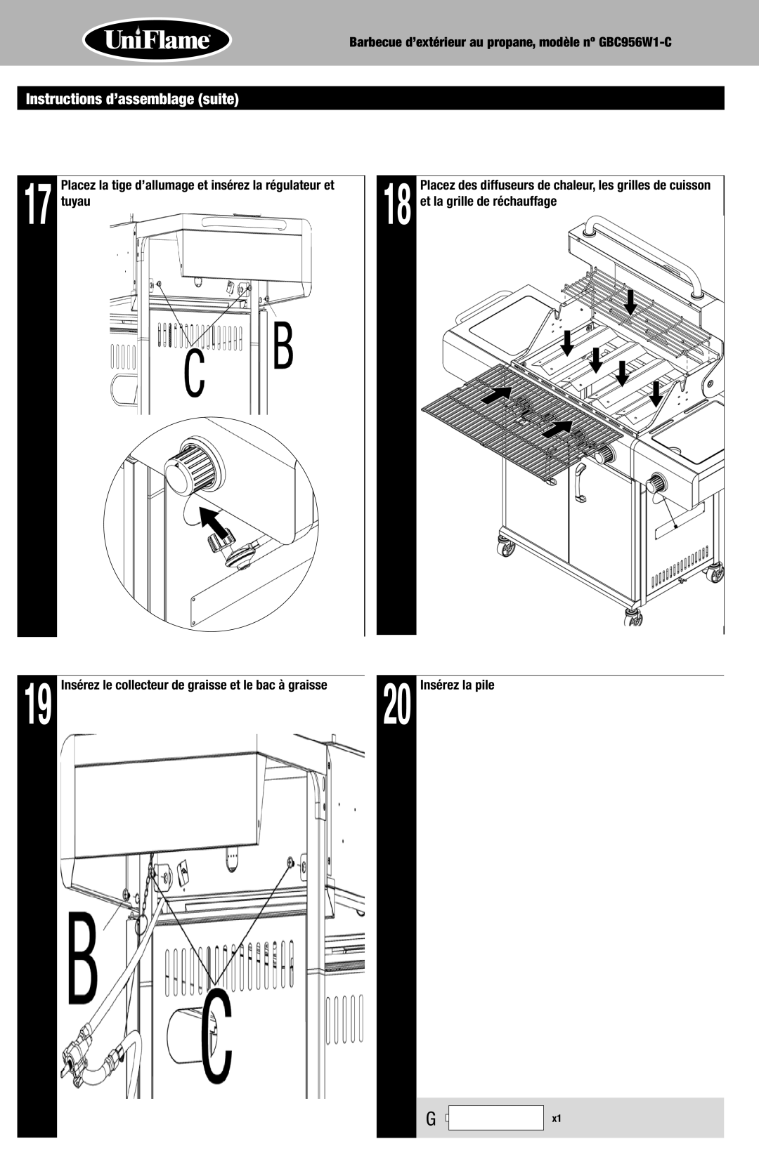 Uniflame GBC956W1-C manual 20 Insérez la pile 