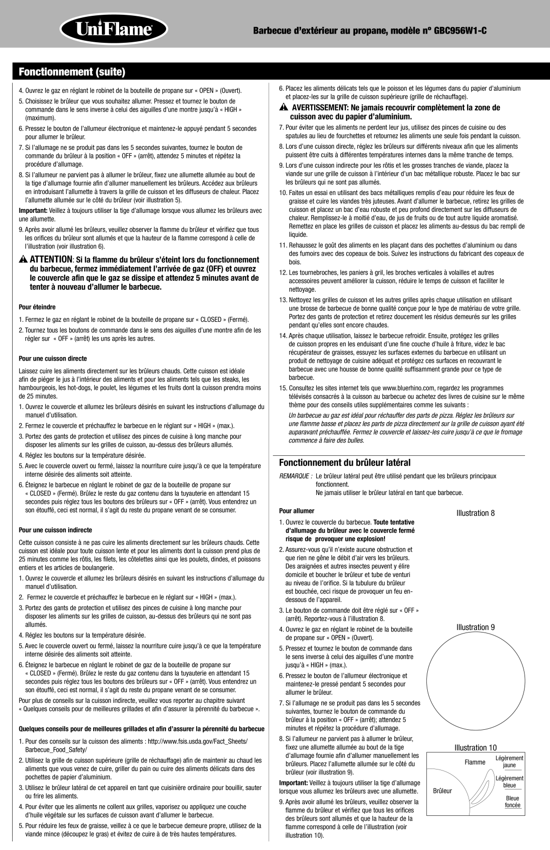 Uniflame GBC956W1-C manual Fonctionnement suite, Fonctionnement du brûleur latéral, Pour éteindre, Pour une cuisson directe 