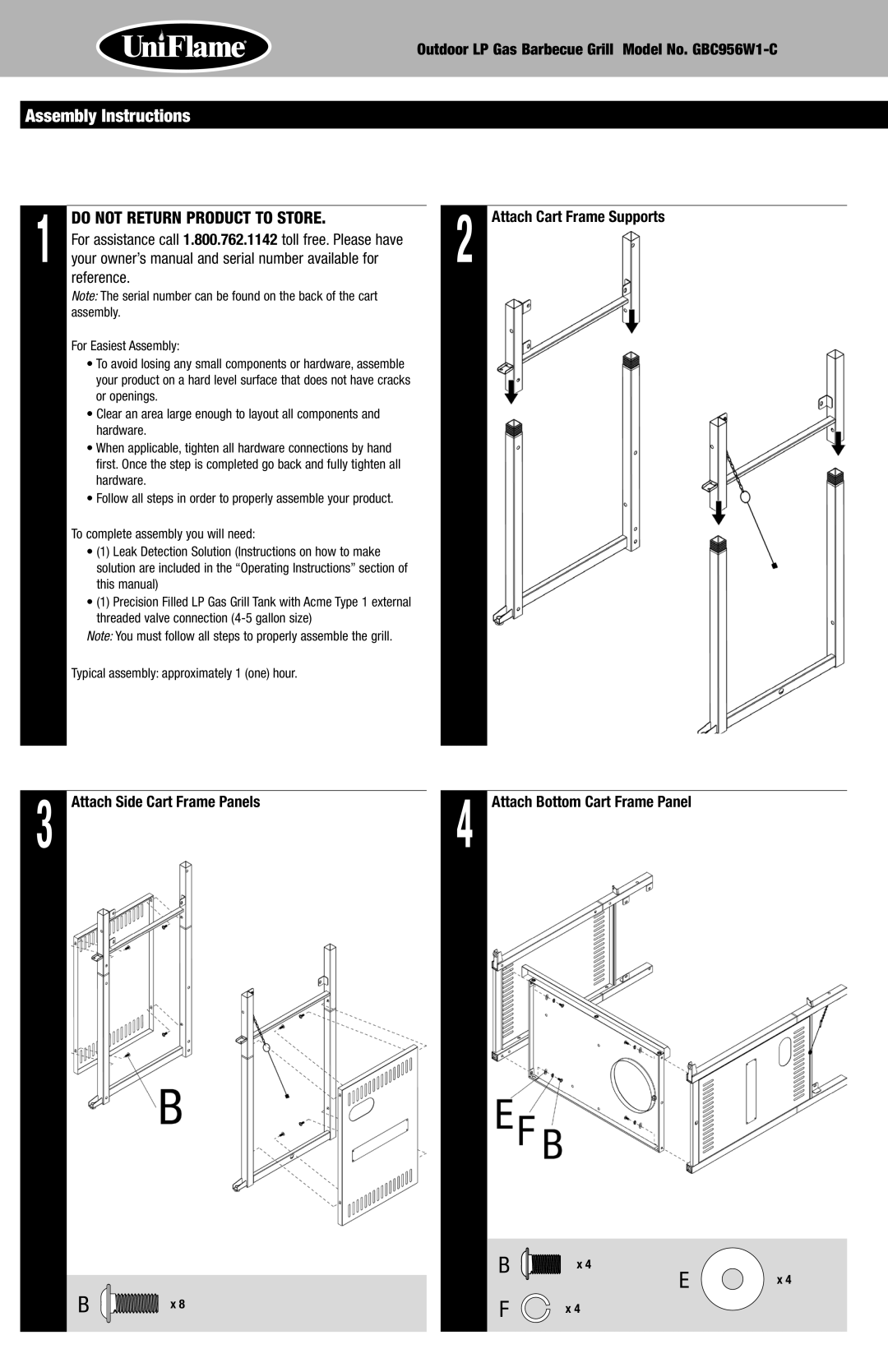 Uniflame GBC956W1-C manual Assembly Instructions, Attach Side Cart Frame Panels Attach Bottom Cart Frame Panel 