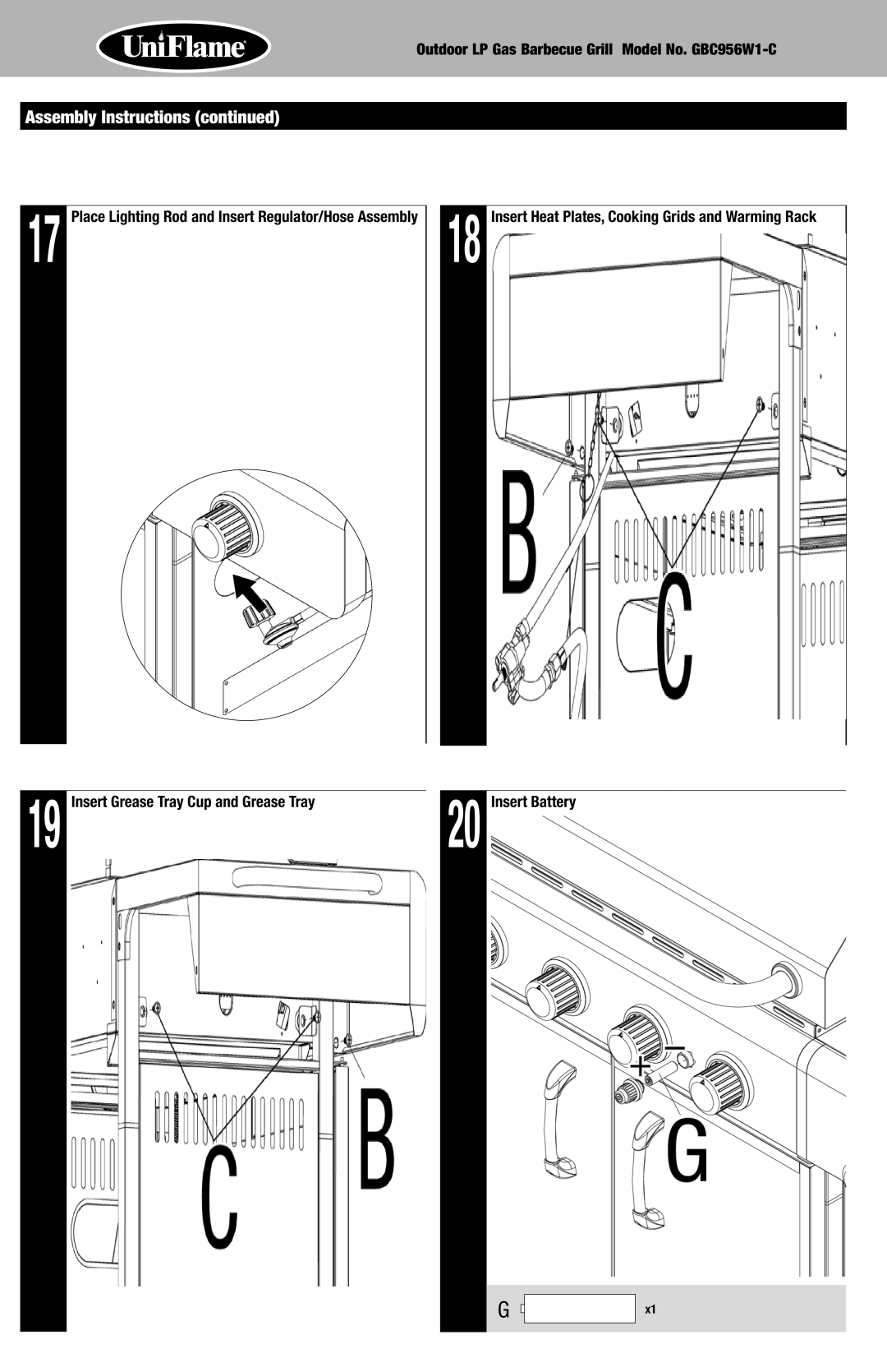 Uniflame GBC956W1-C manual Insert Grease Tray Cup and Grease Tray, Insert Battery 
