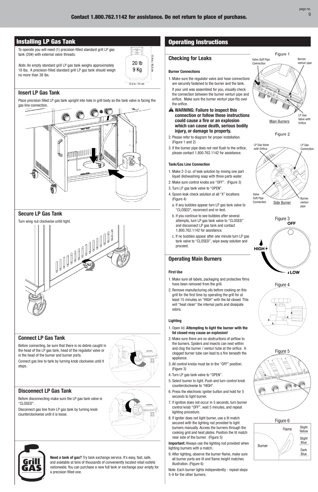 Uniflame GBC956W1-C manual Installing LP Gas Tank Operating Instructions 