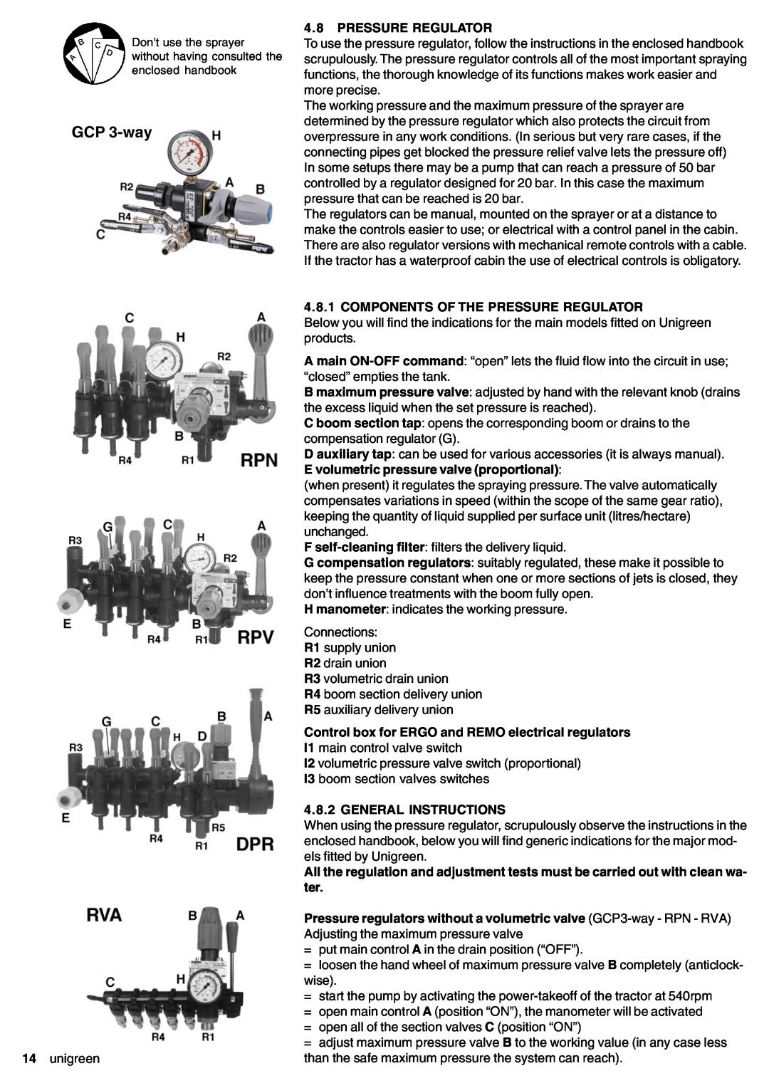 Unigreen 11, 22, 16, 32 manual GCP 3-way, 4.8PRESSURE REGULATOR, Components Of The Pressure Regulator, General Instructions 