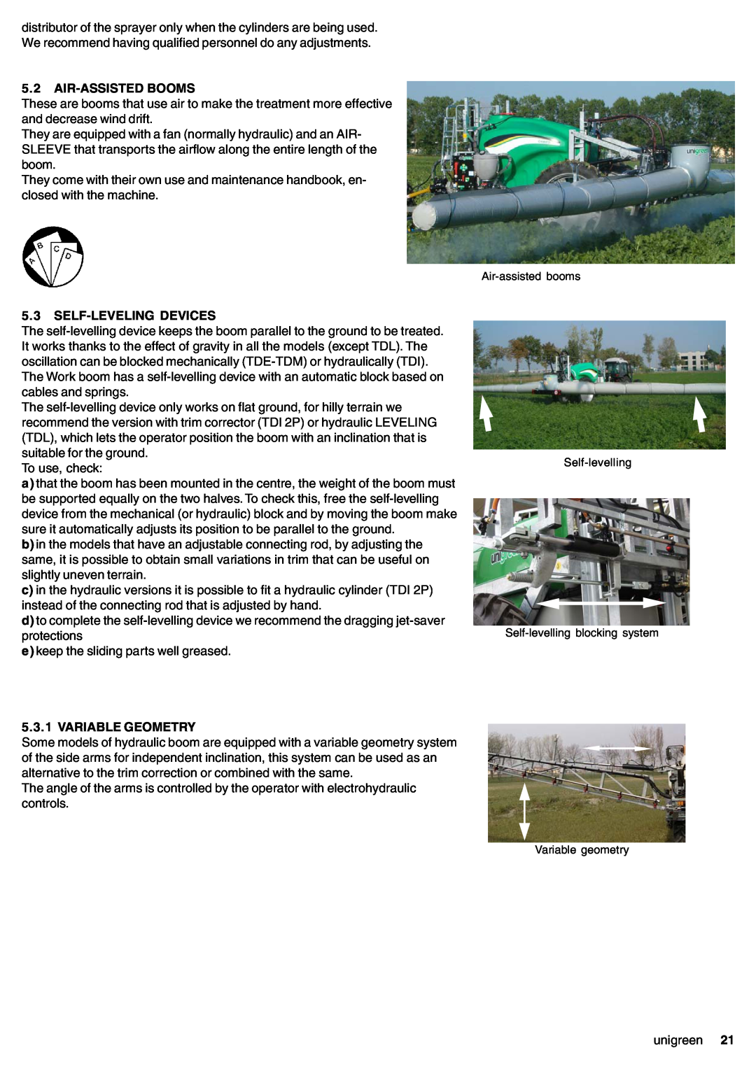 Unigreen 16, 22, 11, 32 manual 5.2AIR-ASSISTEDBOOMS, 5.3SELF-LEVELINGDEVICES, Variable Geometry 