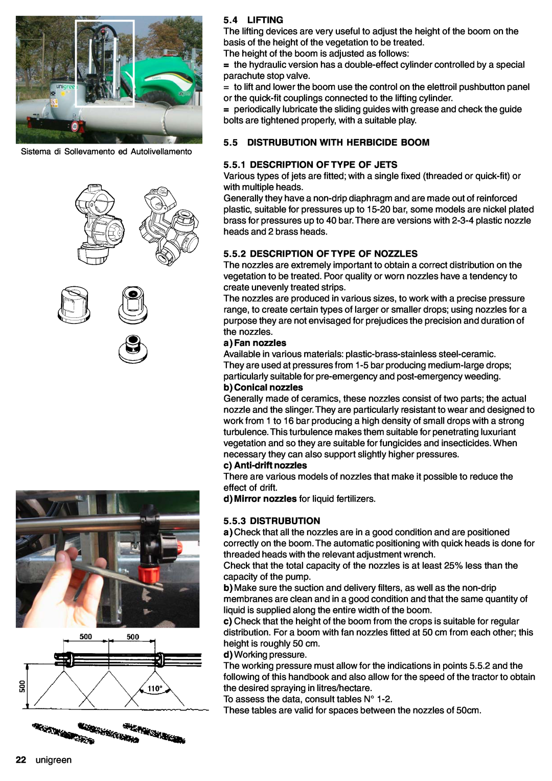 Unigreen 11 5.4LIFTING, 5.5DISTRUBUTION WITH HERBICIDE BOOM, Description Of Type Of Jets, Description Of Type Of Nozzles 