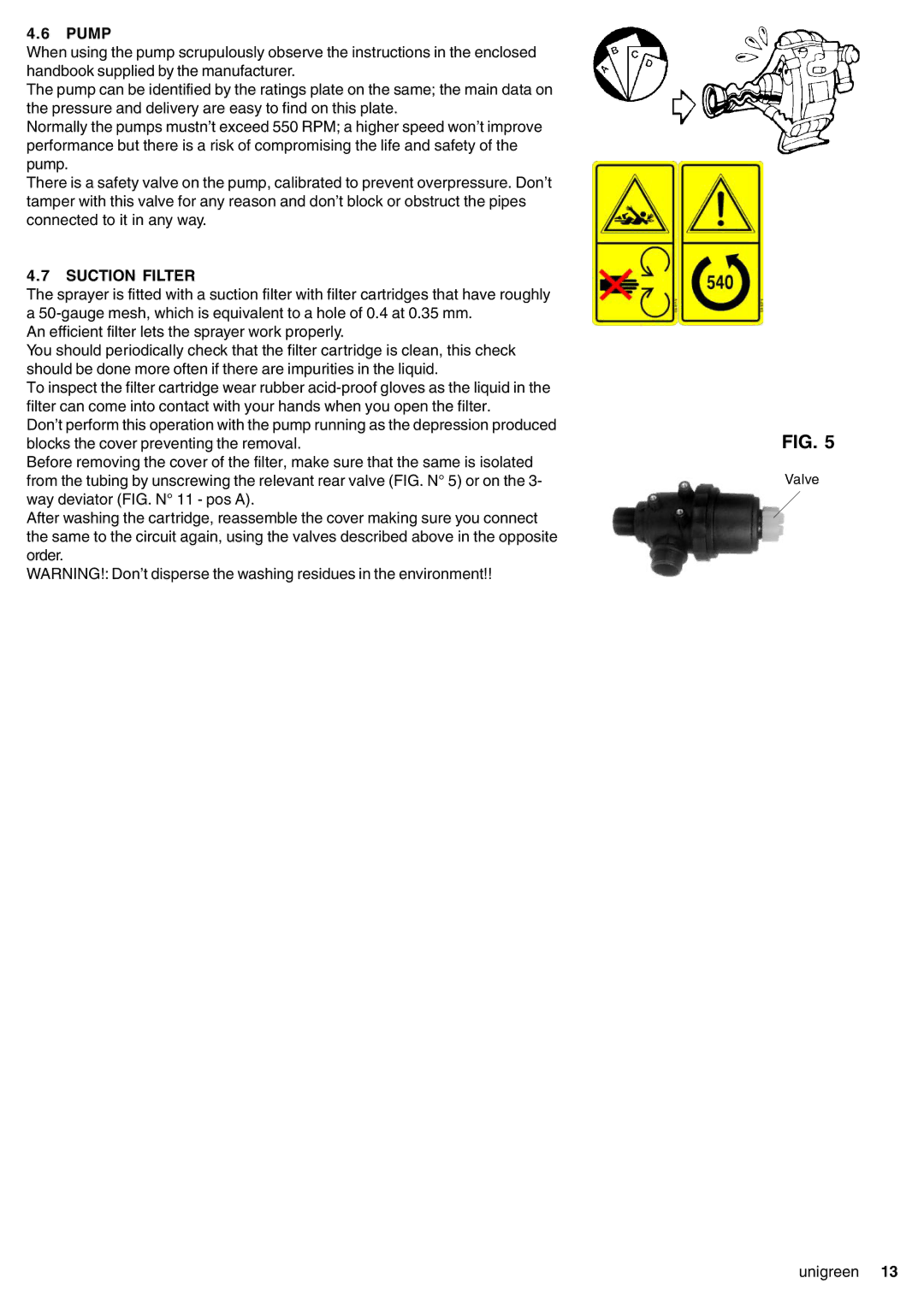 Unigreen 16, 22, 11, 32 manual Pump, Suction Filter 