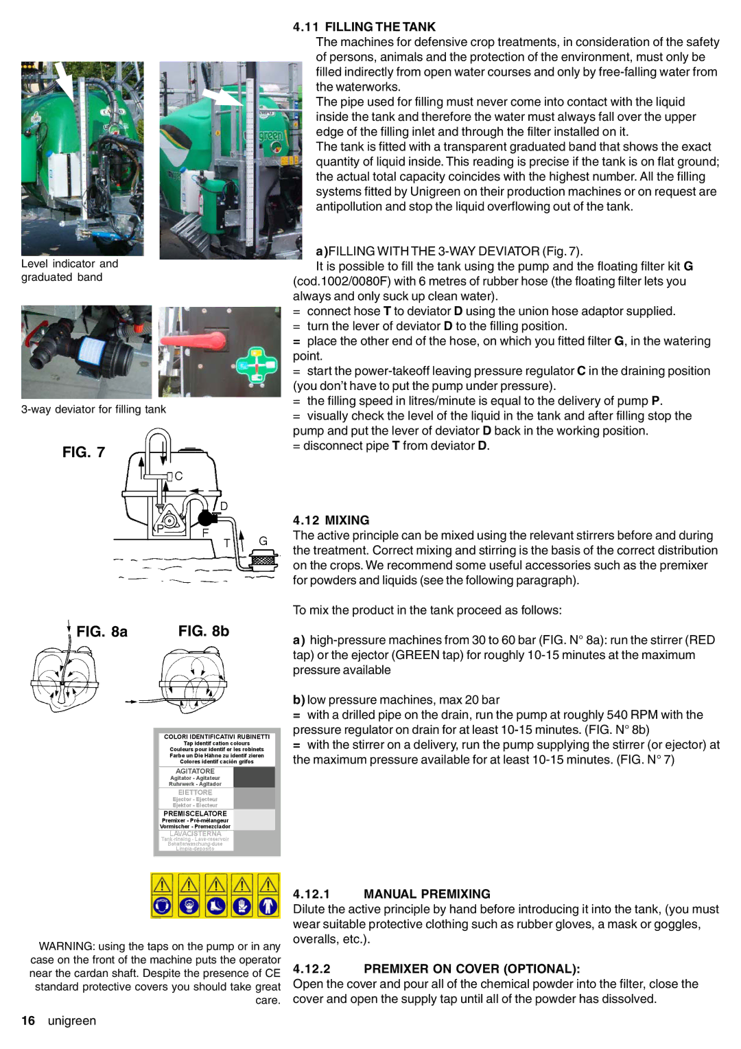 Unigreen 22, 16, 11, 32 manual Filling the Tank, Mixing, Manual Premixing, Premixer on Cover Optional 