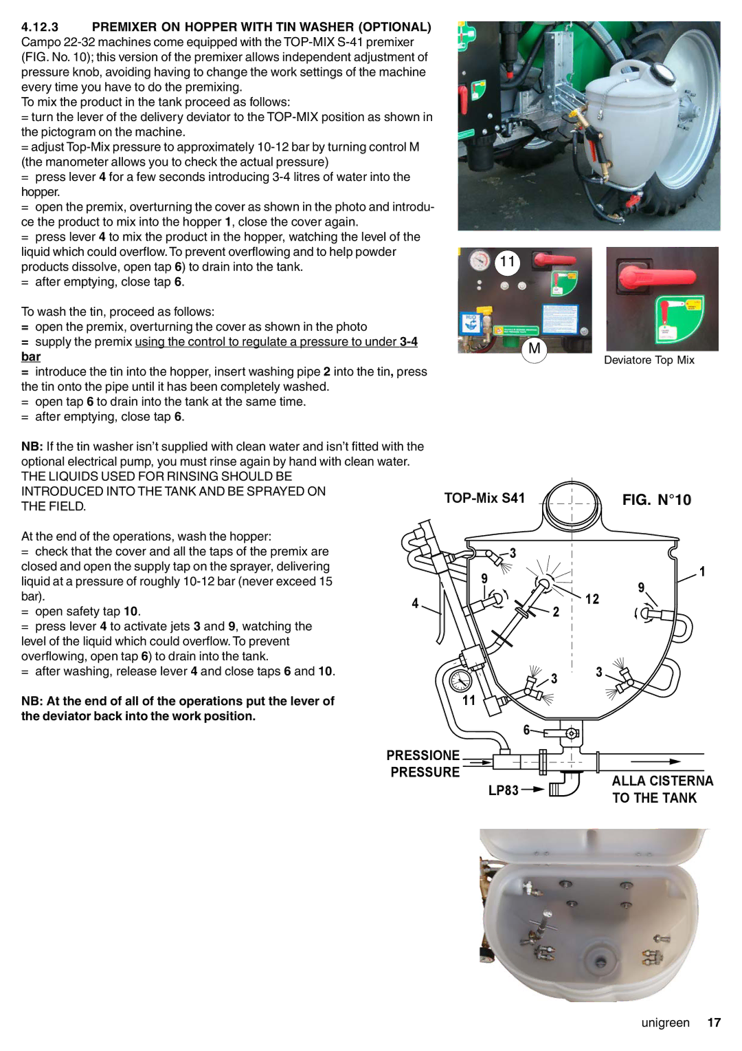 Unigreen 16, 22, 11, 32 manual TOP-Mix S41, Premixer on Hopper with TIN Washer Optional 