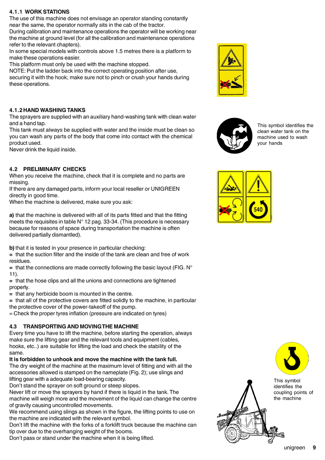 Unigreen 16, 22, 11, 32 manual Work Stations, Hand Washing Tanks, Preliminary Checks, Transporting and Moving the Machine 