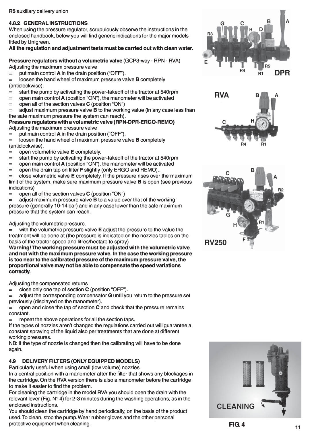 Unigreen 20, 50, 40, 55 manual General Instructions, Pressure regulators without a volumetric valve GCP3-way - RPN - RVA 