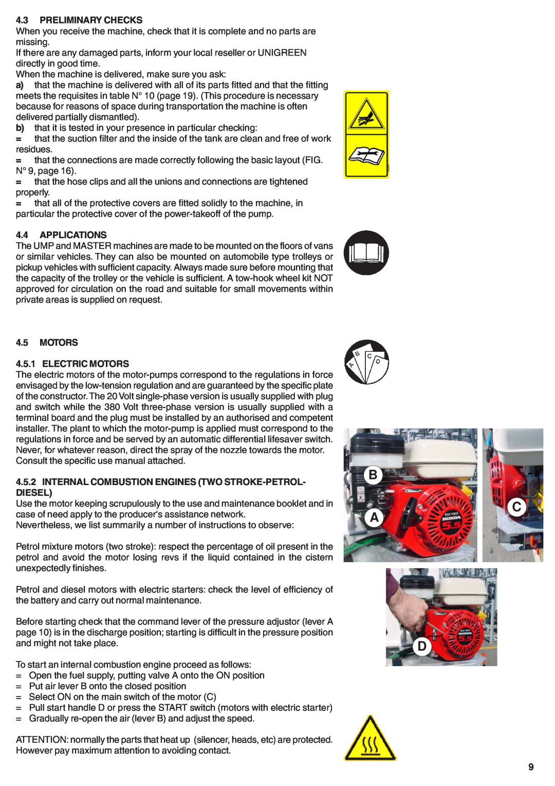 Unigreen 40, 50, 55, 20 manual B C A D, Preliminary Checks, Applications, MOTORS 4.5.1 ELECTRIC MOTORS 