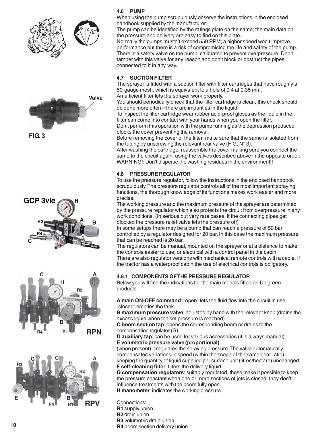 Unigreen 55, 50, 40 Pump, Suction Filter, Components Ofthe Pressure Regulator, Volumetric pressure valve proportional 