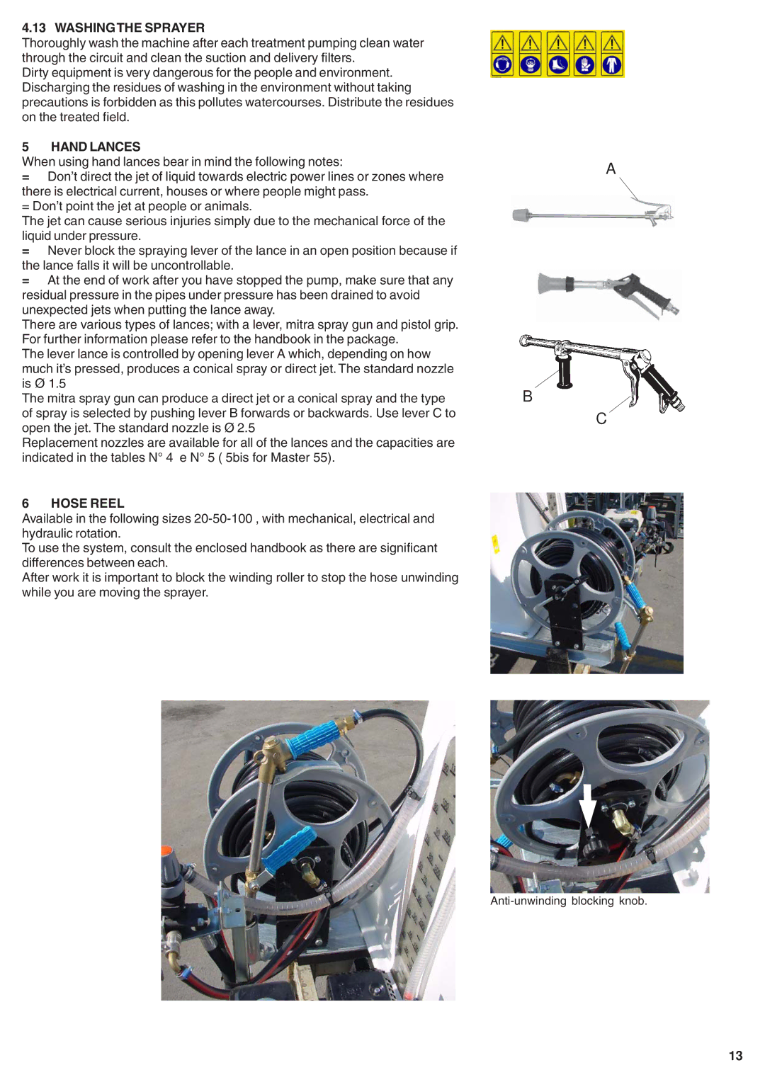 Unigreen 40, 50, 55, 20 manual Washingthe Sprayer, Hand Lances, Hose Reel 