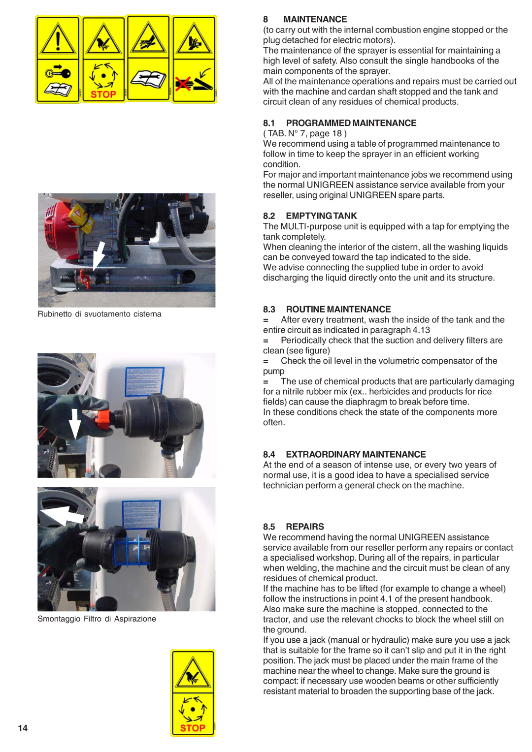 Unigreen 55, 50, 40, 20 manual Emptying Tank, Routine Maintenance, Extraordinary Maintenance, Repairs 