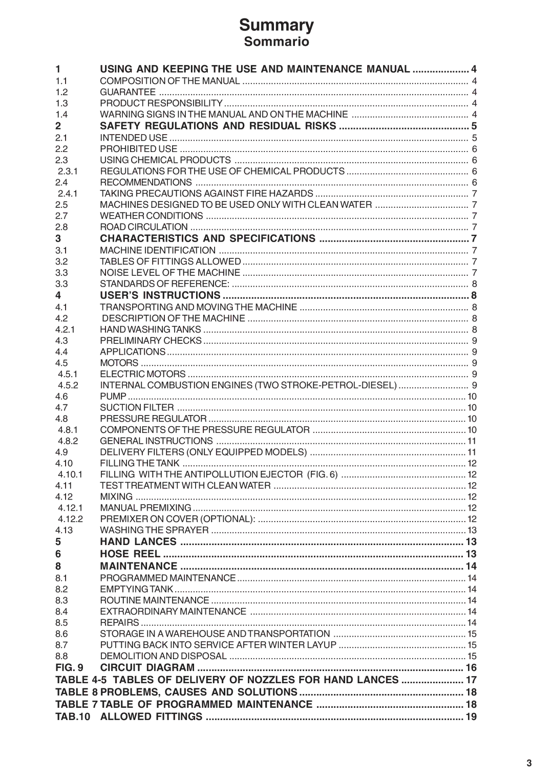 Unigreen 20, 50, 40, 55 manual Summary, Tables of Delivery of Nozzles for Hand Lances 