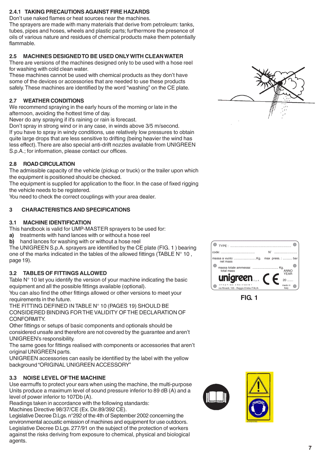 Unigreen 20, 50, 40, 55 manual Weather Conditions, Road Circulation, Characteristics and Specifications Machine Identification 