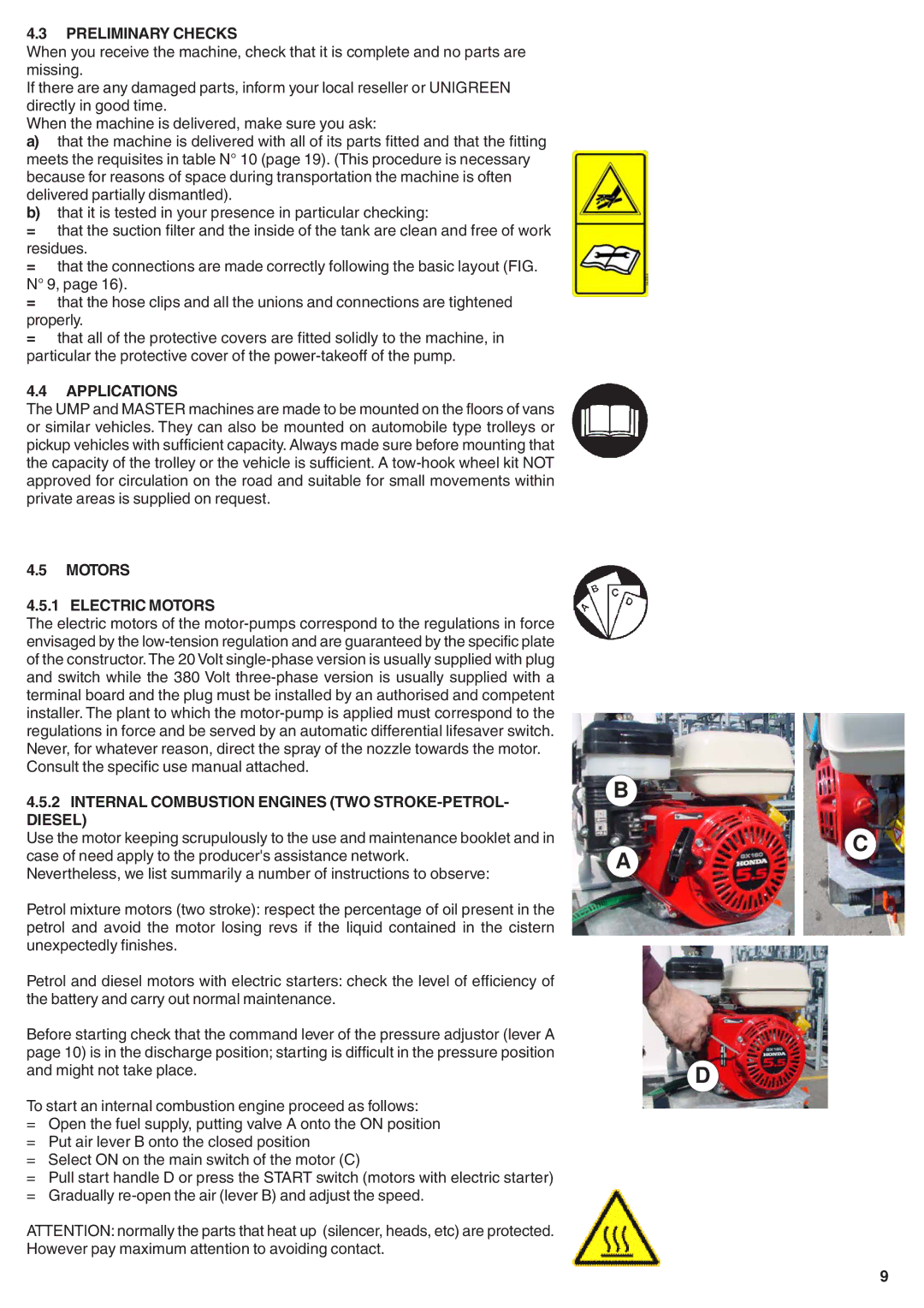 Unigreen 40, 50, 55, 20 manual Preliminary Checks, Applications, Motors Electric Motors 