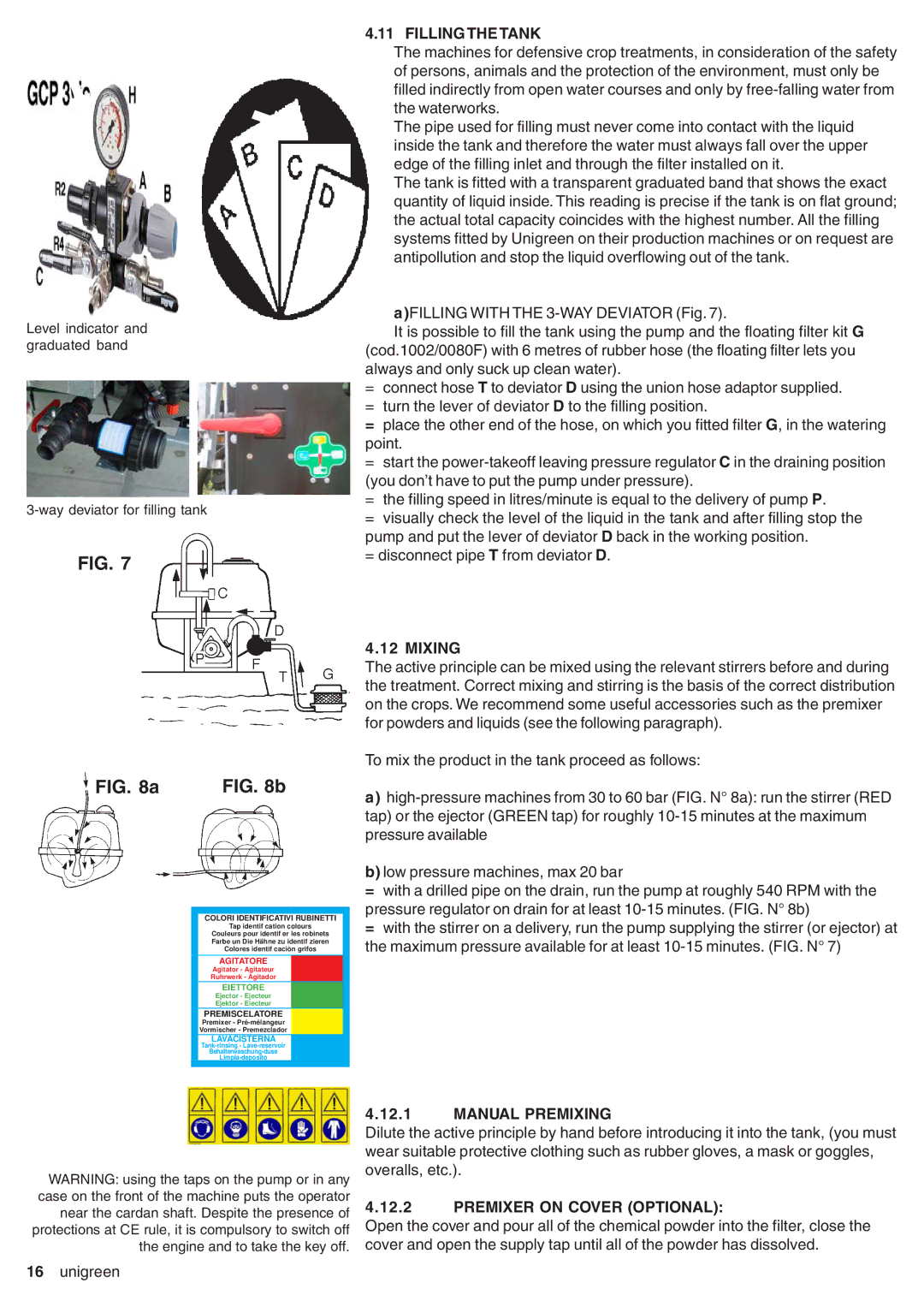 Unigreen DSP 11 - 16 - 22 - 32 manual Filling the Tank, Mixing, Manual Premixing, Premixer on Cover Optional 