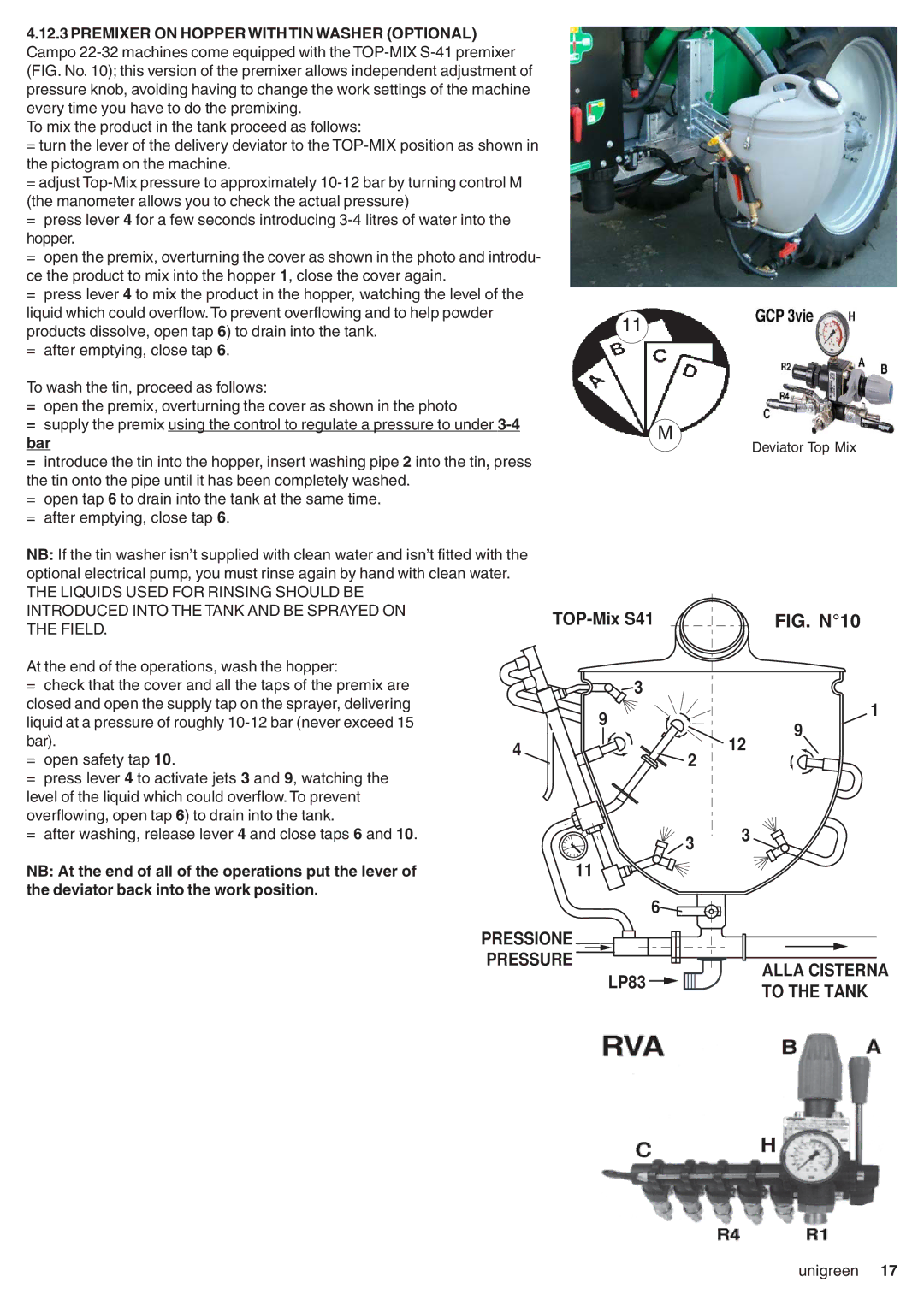 Unigreen CAMPO 11 - 16 - 22 - 32, DSP 11 - 16 - 22 - 32 manual Premixer on Hopper with TIN Washer Optional, Pressione 