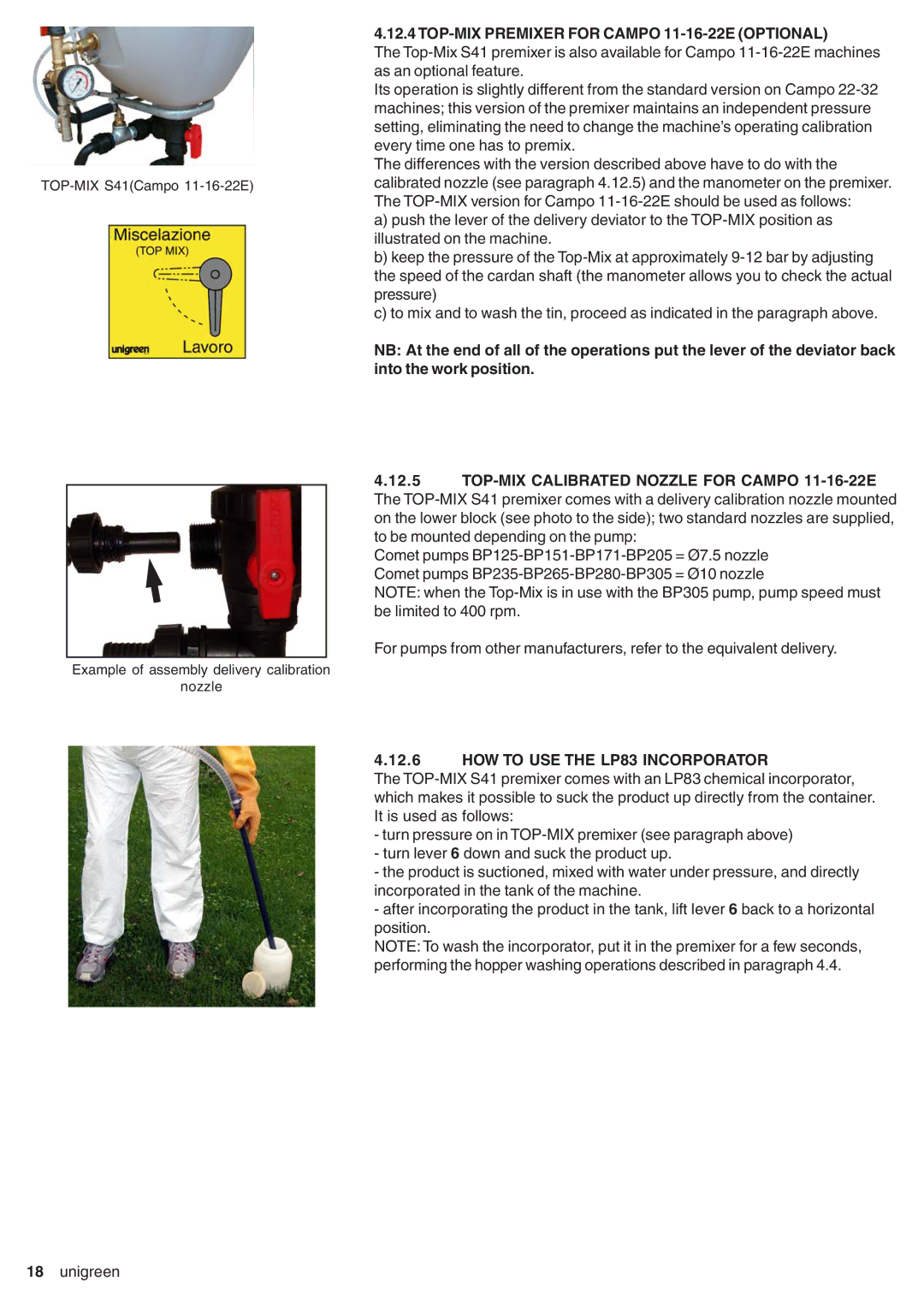 Unigreen DSP 11 - 16 - 22 - 32 manual TOP-MIX Premixer for Campo 11-16-22E Optional, HOW to USE the LP83 Incorporator 