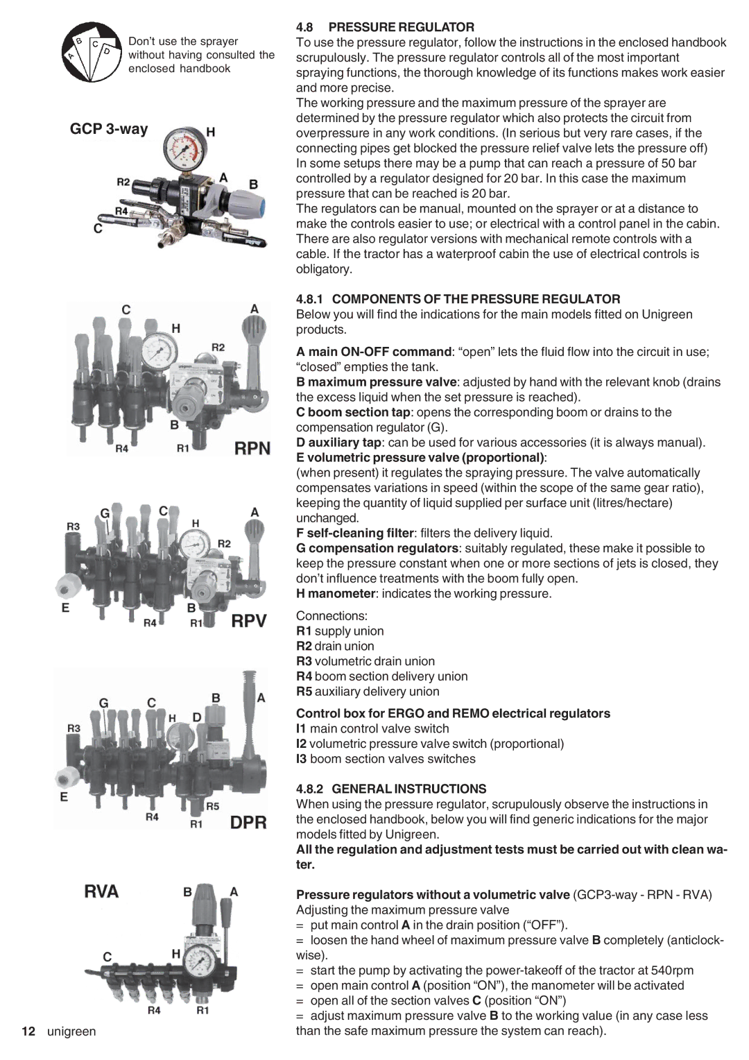 Unigreen DSP 11 - 16 - 22 - 32, CAMPO 11 - 16 - 22 - 32 Components of the Pressure Regulator, General Instructions 