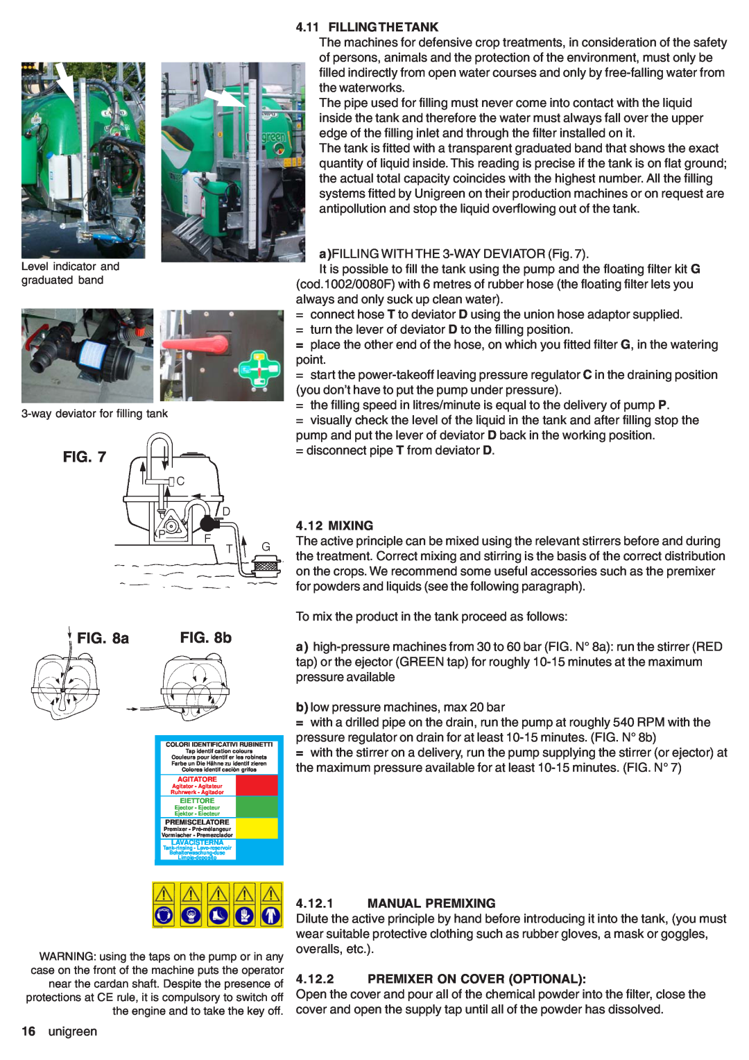 Unigreen DSP 11 - 16 - 22 - 32 manual b, Filling The Tank, Mixing, Manual Premixing, Premixer On Cover Optional 
