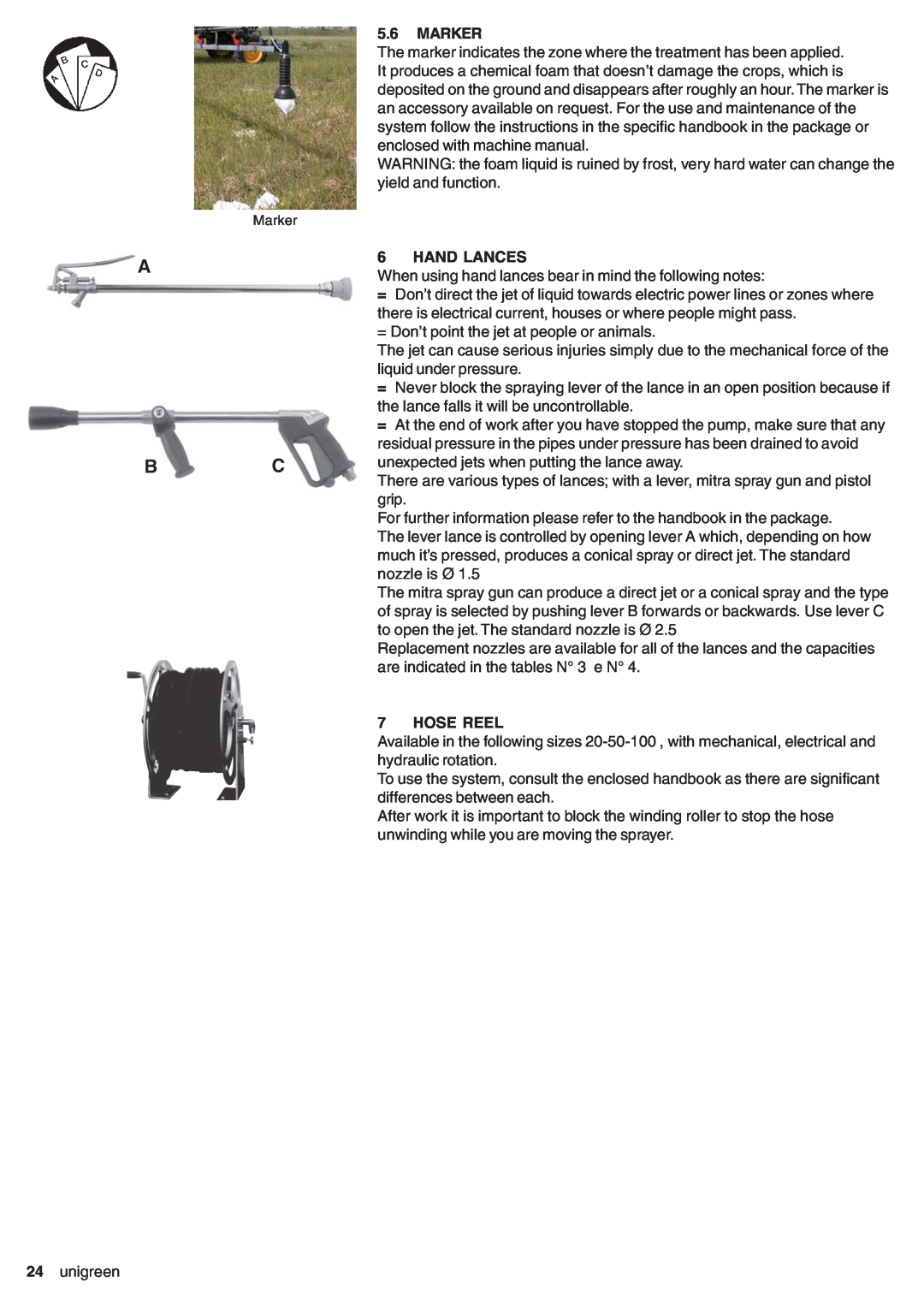 Unigreen DSP 11 - 16 - 22 - 32, CAMPO 11 - 16 - 22 - 32 manual A Bc, Marker, Hand Lances, Hose Reel 