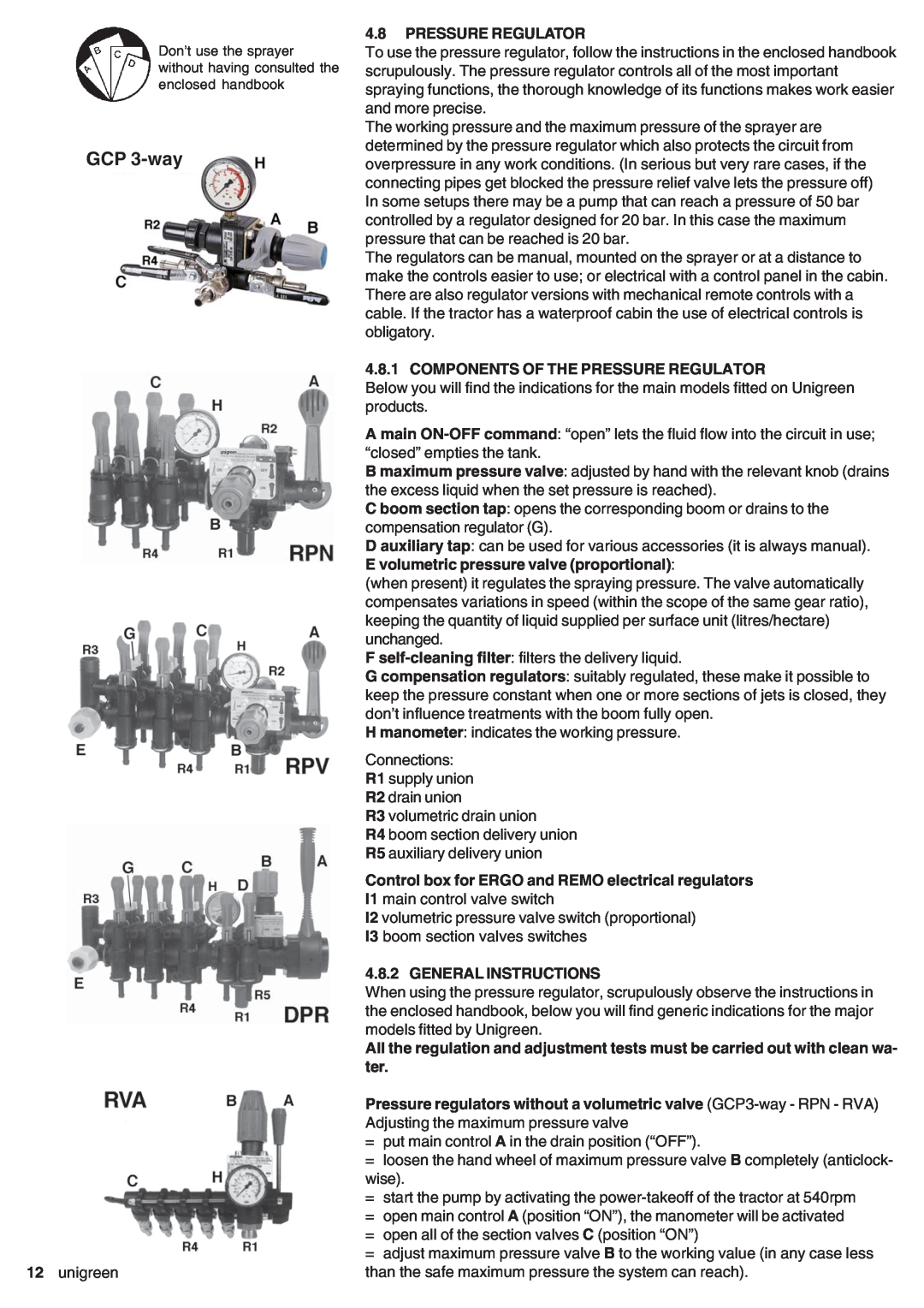 Unigreen DSP 11 - 16 - 22 - 32 manual GCP 3-way, Components Of The Pressure Regulator, General Instructions 