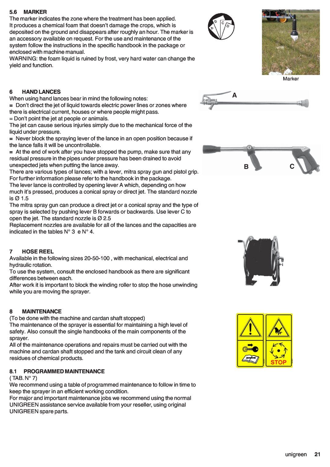 Unigreen CAMPO 11 - 16 - 22 - 32 manual A Bc, Marker, Hand Lances, Hose Reel, Programmed Maintenance Tab. N 