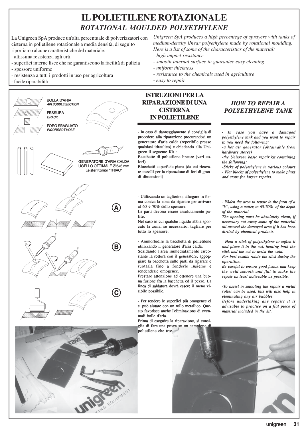 Unigreen CAMPO 11 - 16 - 22 - 32 manual Il Polietilene Rotazionale, Rotational Moulded Polyethylene, spessore uniforme 