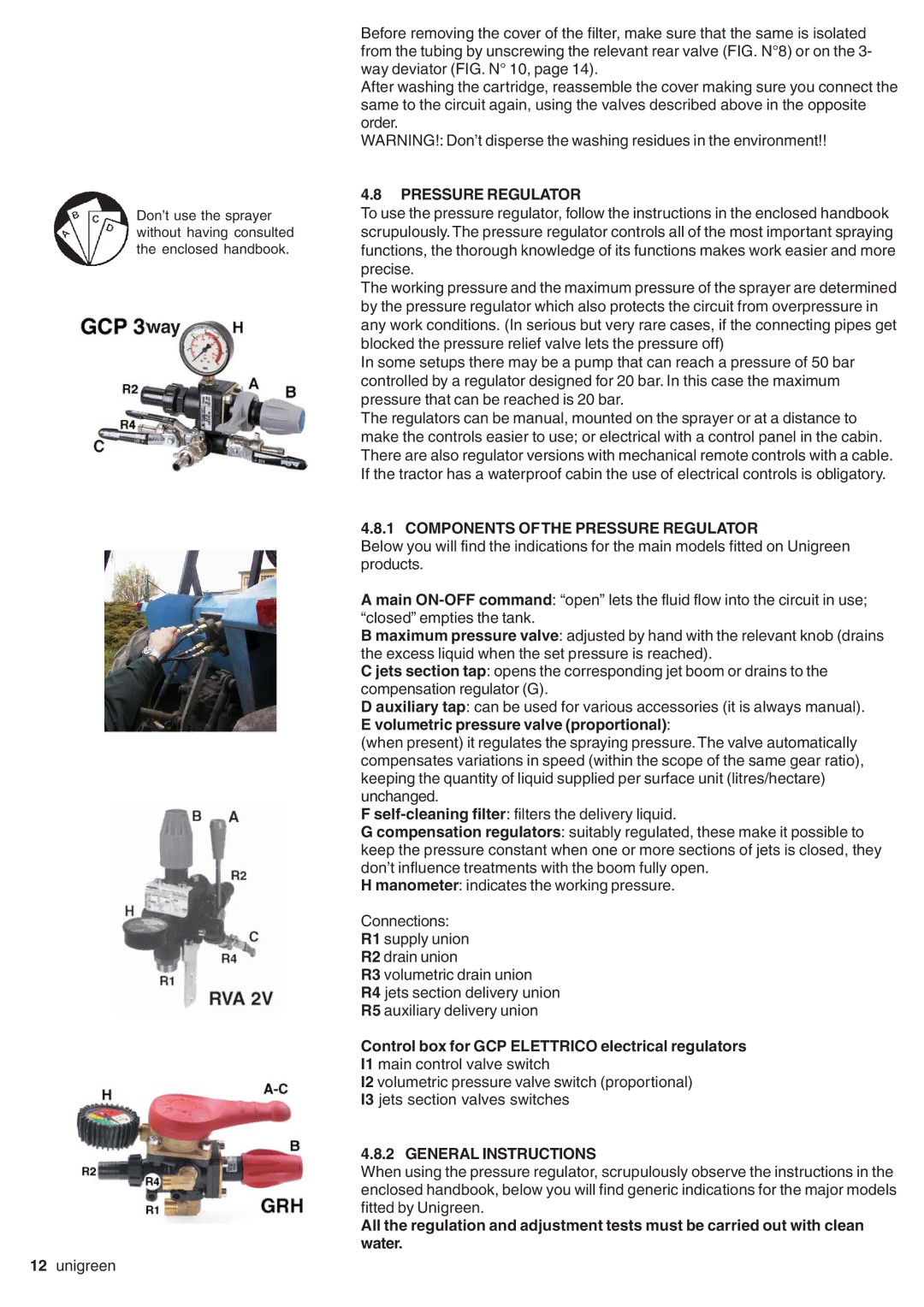 Unigreen LASER-FUTURA- EXPO series AT STD/TOP - AT BASE Components of the Pressure Regulator, General Instructions 