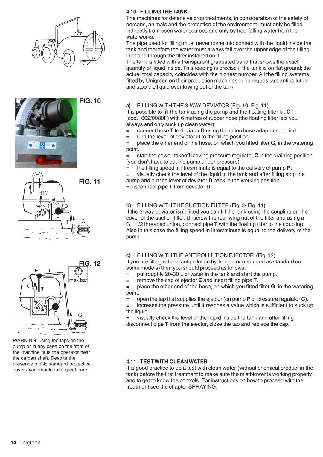 Unigreen LASER-FUTURA- EXPO series AT STD/TOP - AT BASE manual Filling the Tank, Test with Clean Water 