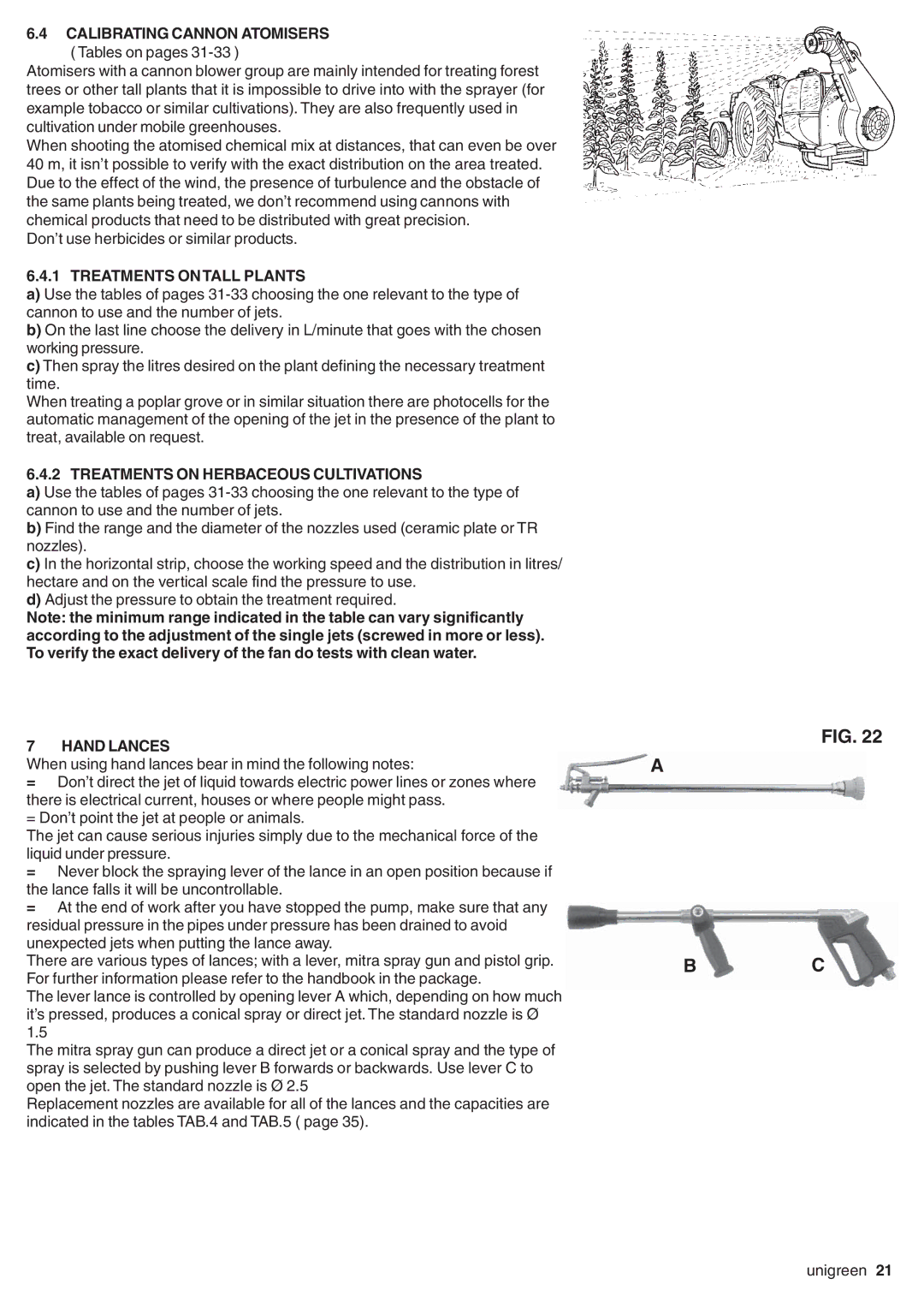 Unigreen LASER-FUTURA- EXPO series AT STD/TOP - AT BASE manual Calibrating Cannon Atomisers Tables on pages, Hand Lances 