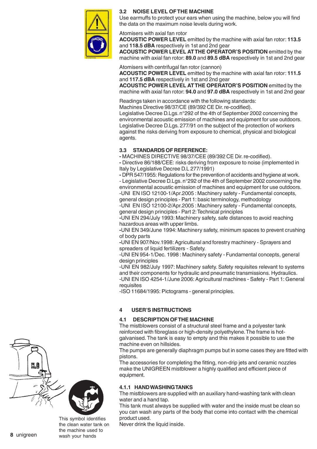 Unigreen LASER-FUTURA- EXPO series AT STD/TOP - AT BASE manual Noise Level of the Machine, Standards of Reference 