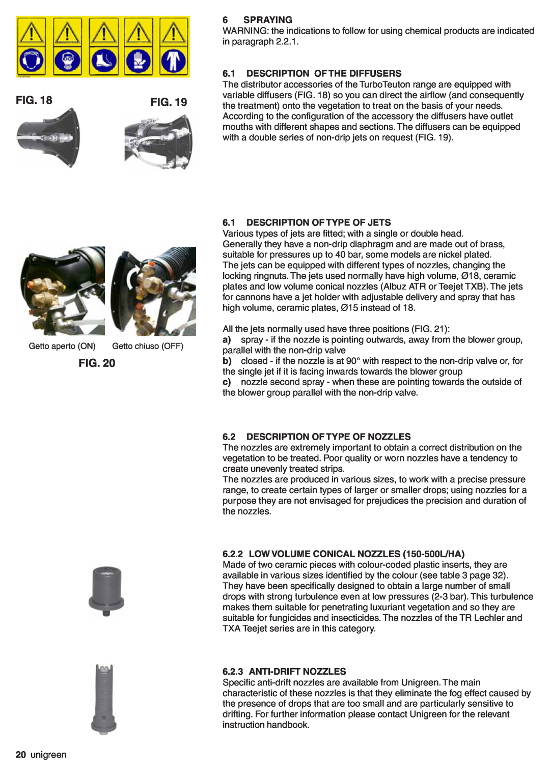 Unigreen P600, P500 Spraying, Description Of The Diffusers, Description Of Type Of Jets, Description Of Type Of Nozzles 