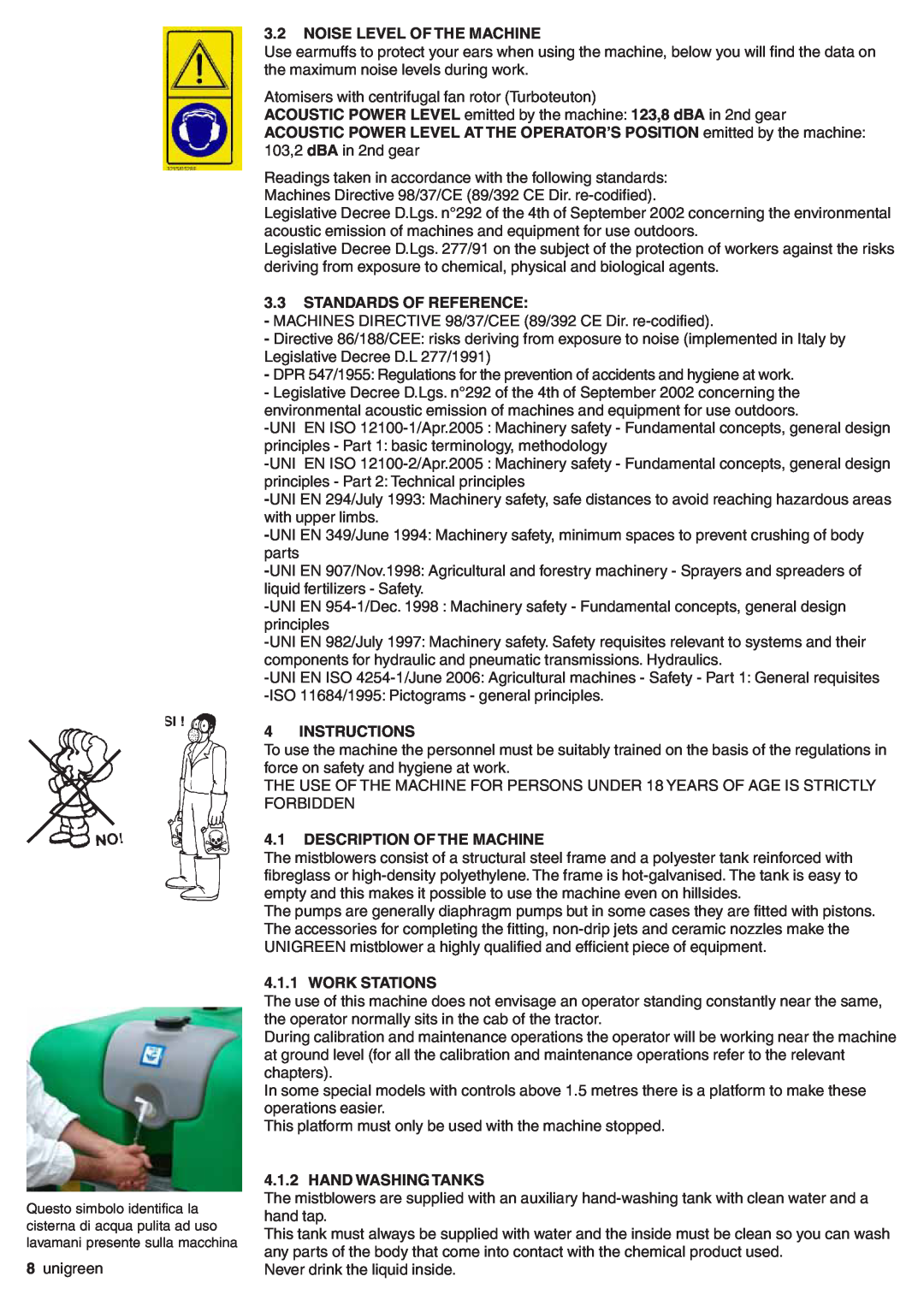 Unigreen P600 Noise Level Of The Machine, Standards Of Reference, Instructions, Description Of The Machine, Work Stations 