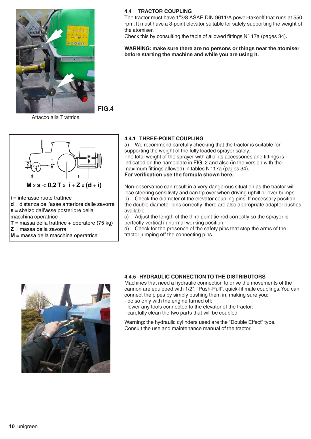 Unigreen P300, P600, P500, P400 manual Tractor Coupling, THREE-POINT Coupling, For verification use the formula shown here 