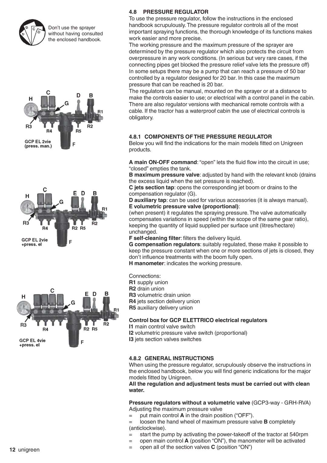 Unigreen P600, P500, P300 Components of the Pressure Regulator, Control box for GCP Elettrico electrical regulators 