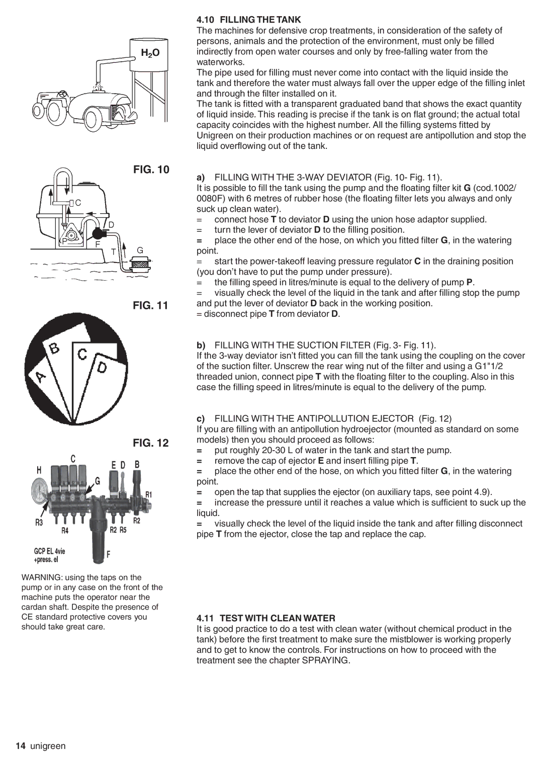 Unigreen P300, P600, P500, P400 manual Filling the Tank, Test with Clean Water 