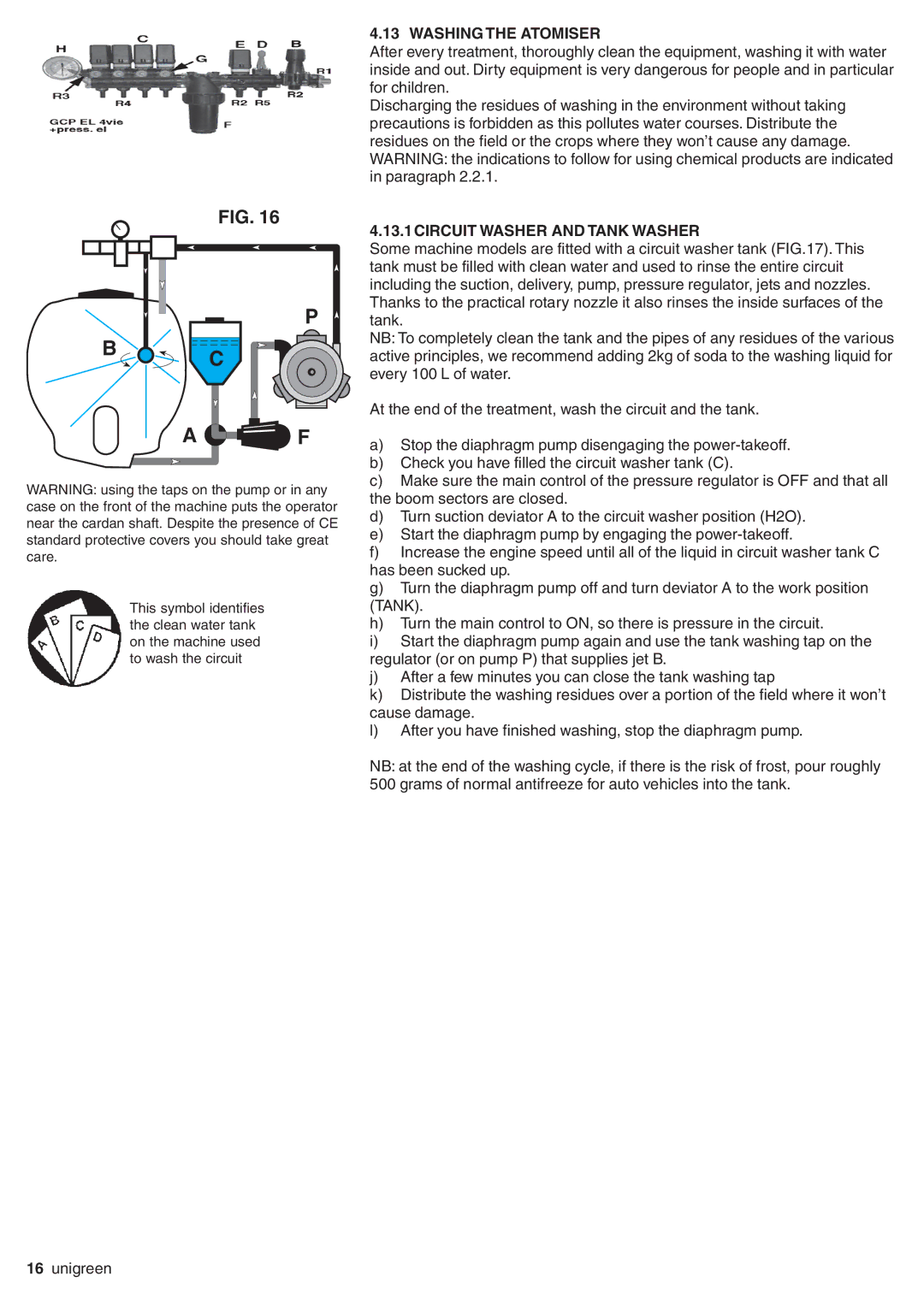 Unigreen P600, P500, P300, P400 manual Washing the Atomiser, 13.1CIRCUIT Washer and Tank Washer 