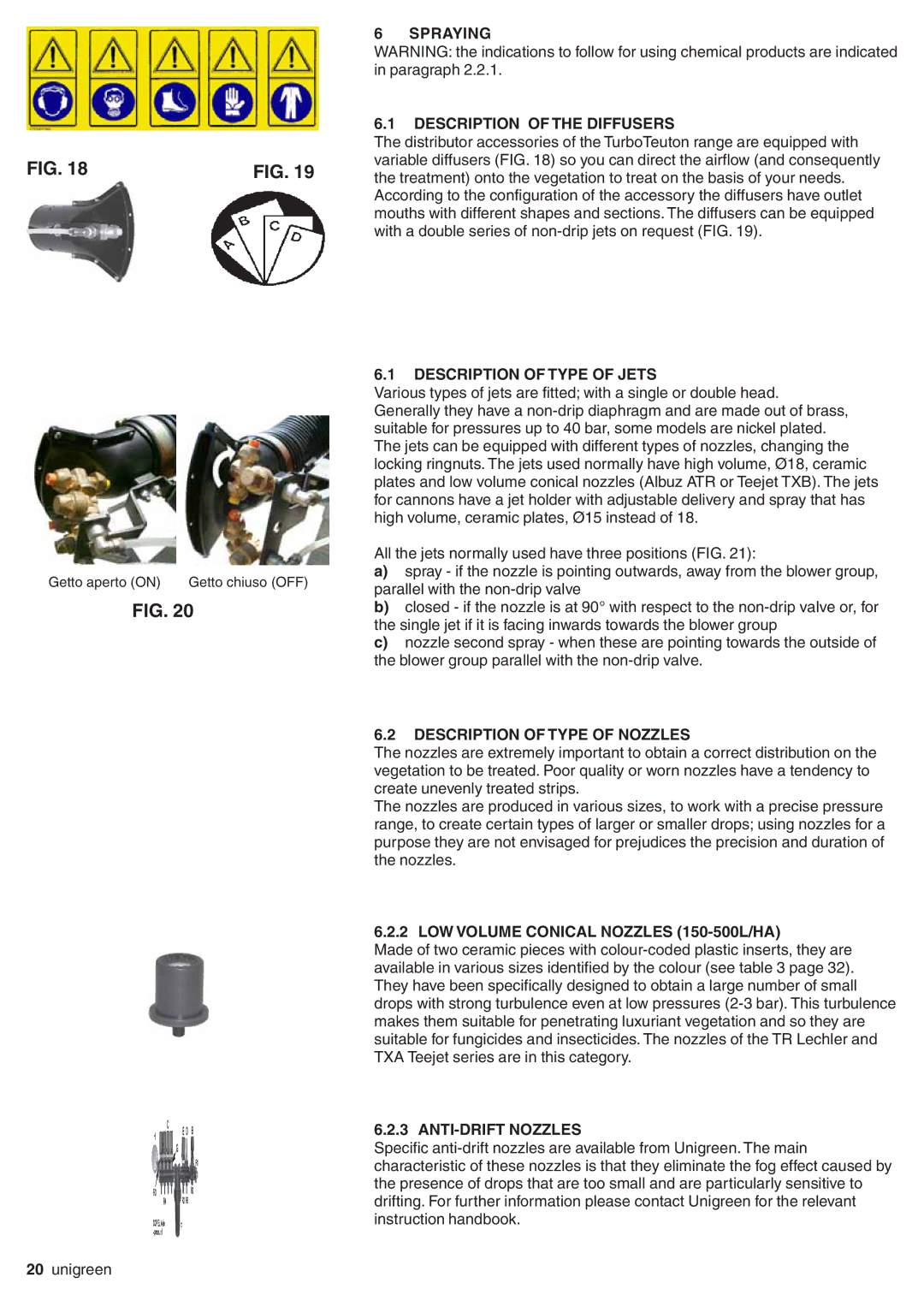 Unigreen P600, P500 Spraying Description of the Diffusers, Description of Type of Jets, Description of Type of Nozzles 